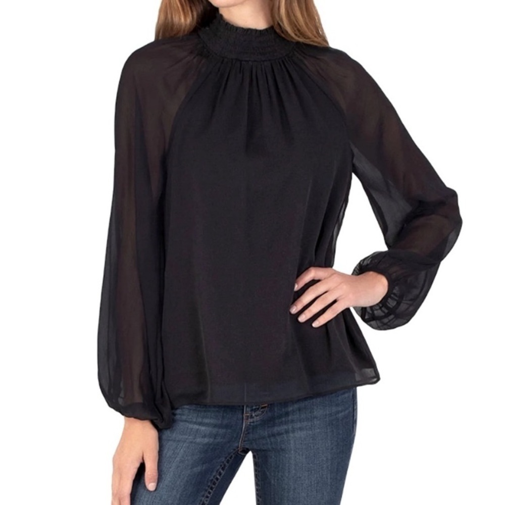 Joie Black Sheer 2 Layer Smocked Turtleneck Long Sleeve Blouse